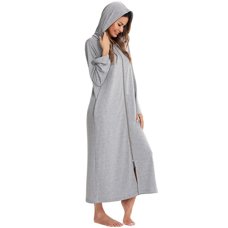 Badjas met Capuchon en Rits Fleece Ochtendjas met Zakken Dames Lange Mouwen Homewear Zwangerschap Comfortabel | Sansoti