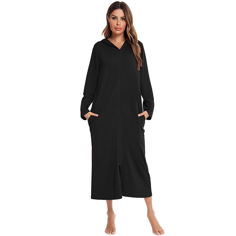 Badjas met Capuchon en Rits Fleece Ochtendjas met Zakken Dames Lange Mouwen Homewear Zwangerschap Comfortabel | Sansoti