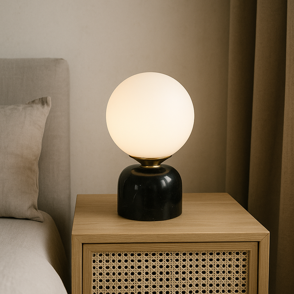 Hindsa Tischlampe Marmor Glas Ø15xH9 warmes Licht 3000K Tischlampe Nachttisch Wohnzimmer Design Beleuchtung minimalistisch skandinavisch | Restfield