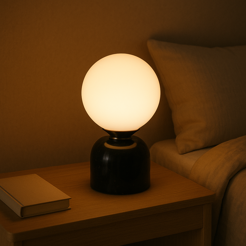 Hindsa Tischlampe Marmor Glas Ø15xH9 warmes Licht 3000K Tischlampe Nachttisch Wohnzimmer Design Beleuchtung minimalistisch skandinavisch | Restfield