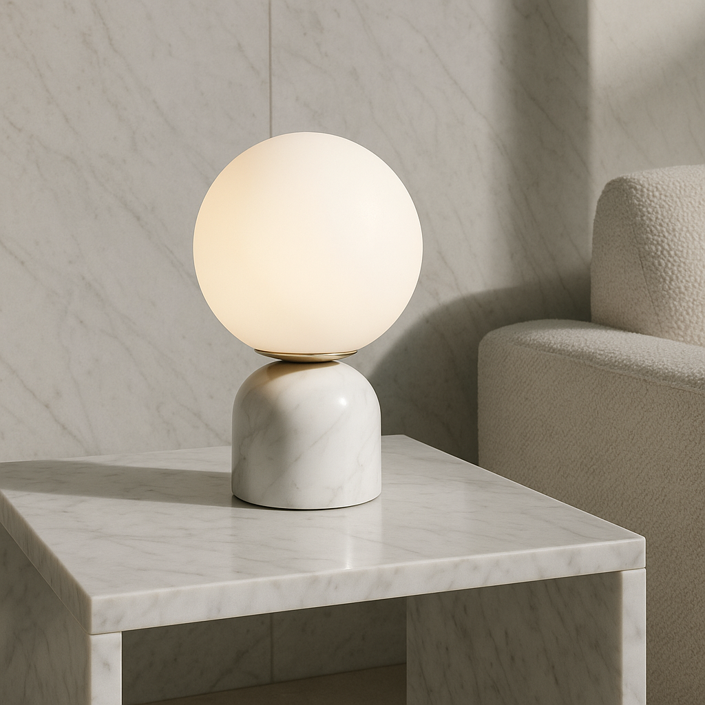 Hindsa Tischlampe Marmor Glas Ø15xH9 warmes Licht 3000K Tischlampe Nachttisch Wohnzimmer Design Beleuchtung minimalistisch skandinavisch | Restfield