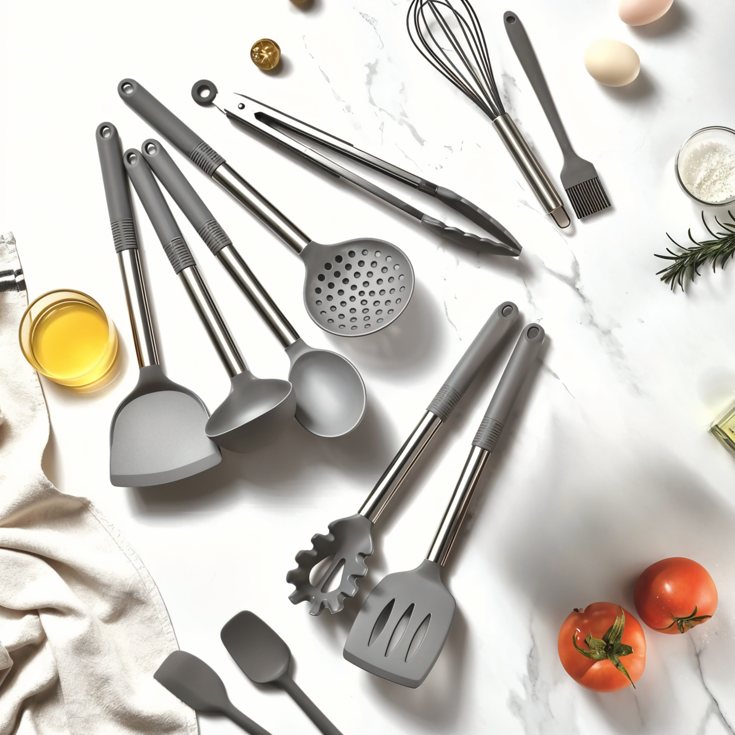 Set d'ustensiles de cuisine silicone 12 pièces résistant à la chaleur manche inox avec support | Restfield