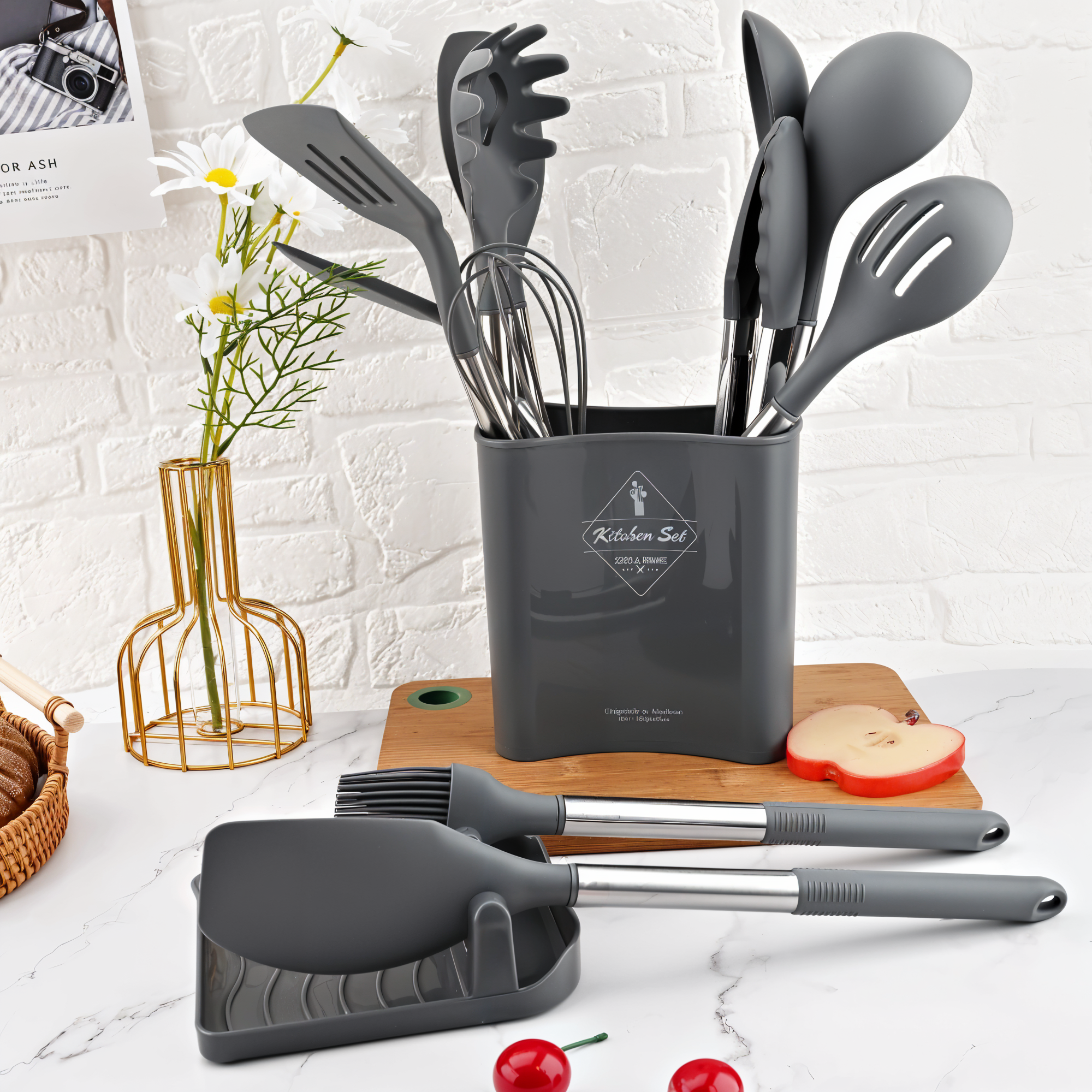 Set d'ustensiles de cuisine silicone 12 pièces résistant à la chaleur manche inox avec support | Restfield
