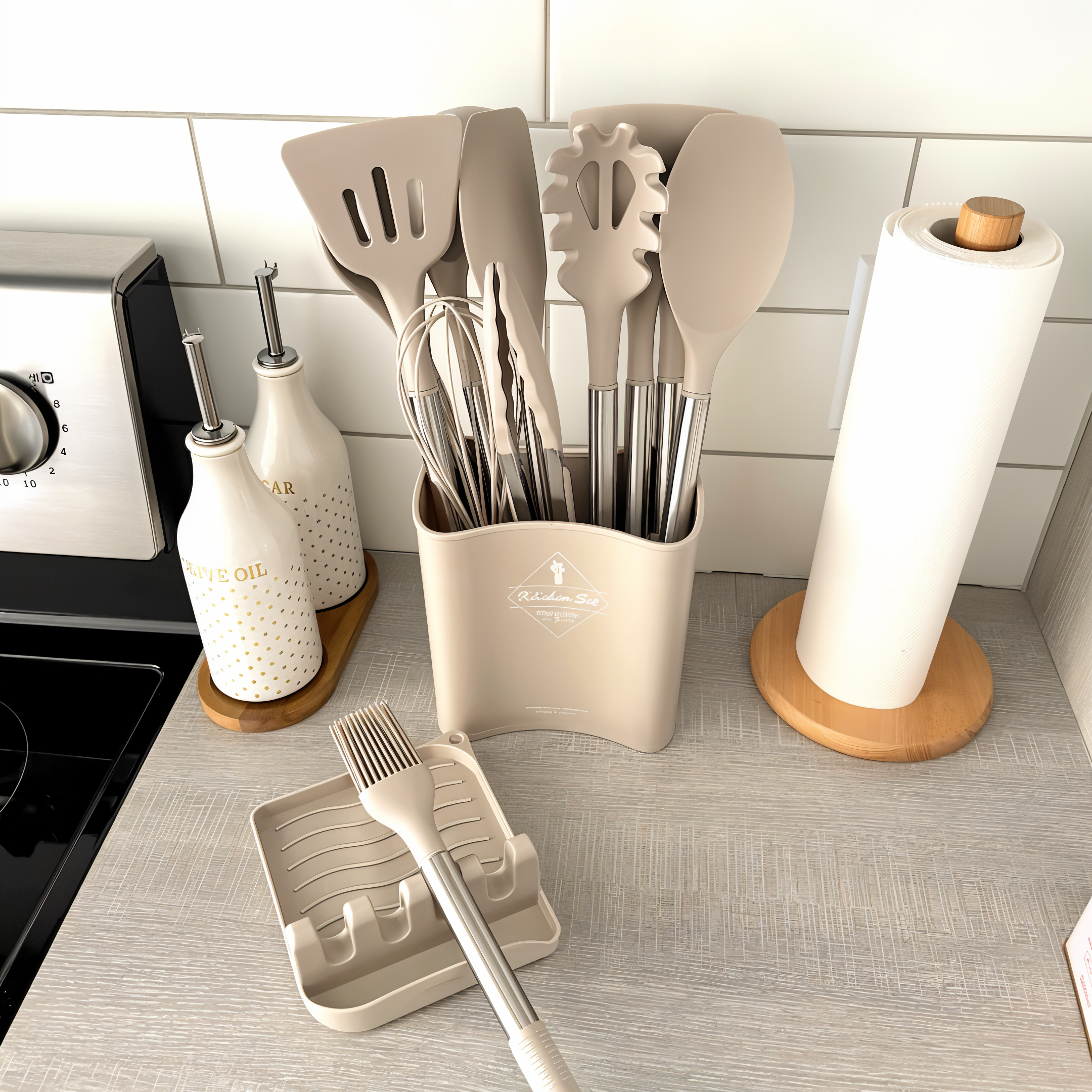 Set d'ustensiles de cuisine silicone 12 pièces résistant à la chaleur manche inox avec support | Restfield