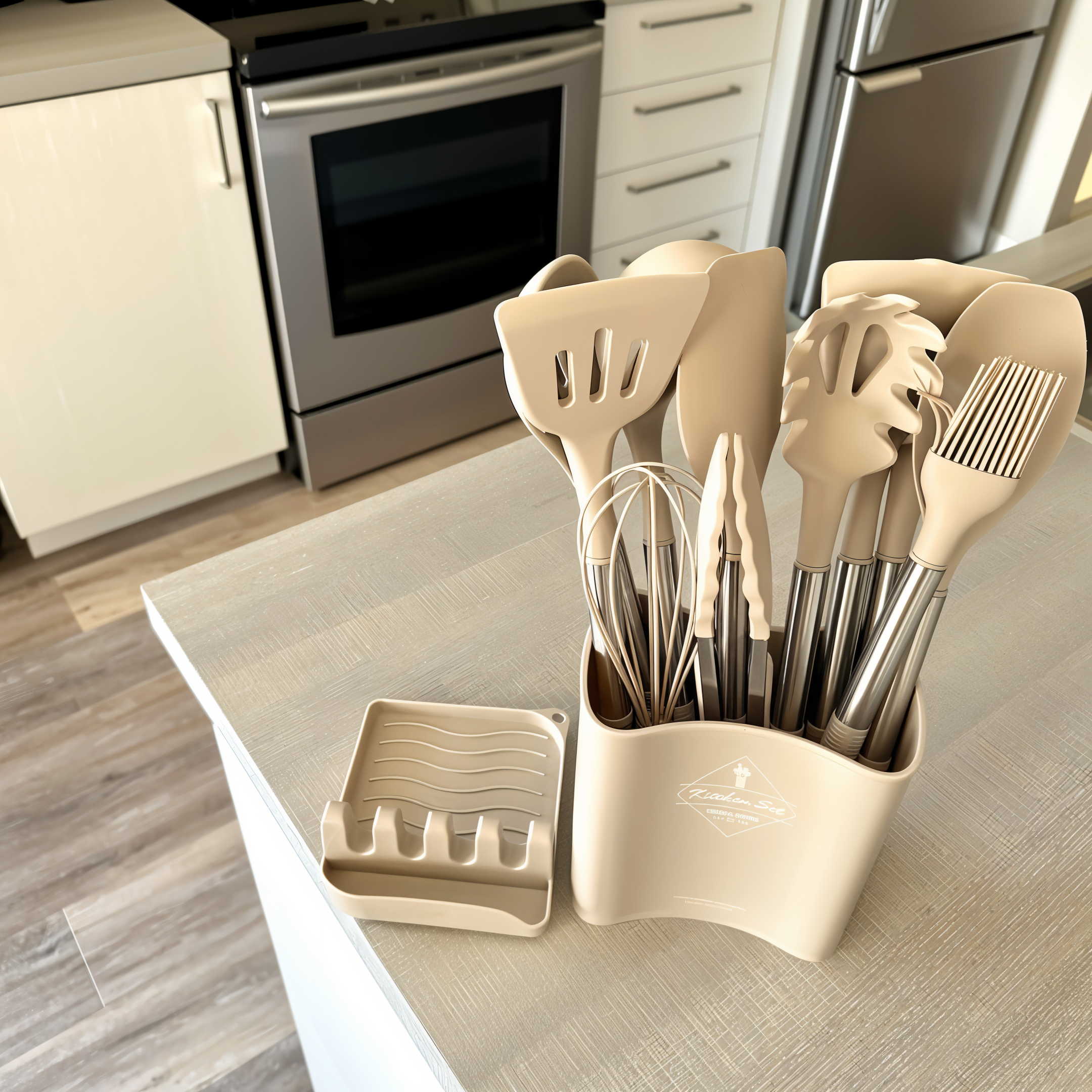 Set d'ustensiles de cuisine silicone 12 pièces résistant à la chaleur manche inox avec support | Restfield