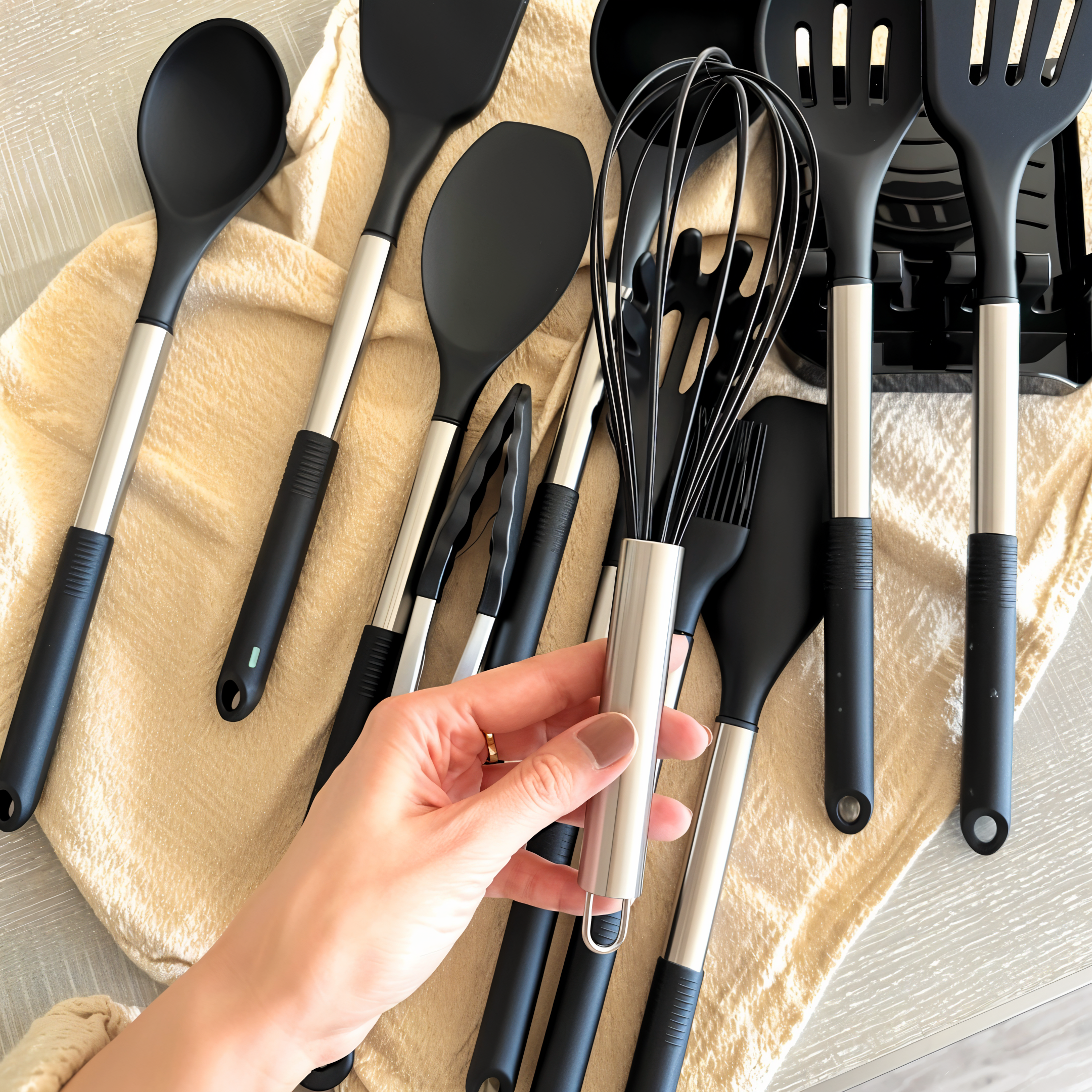 Set d'ustensiles de cuisine silicone 12 pièces résistant à la chaleur manche inox avec support | Restfield