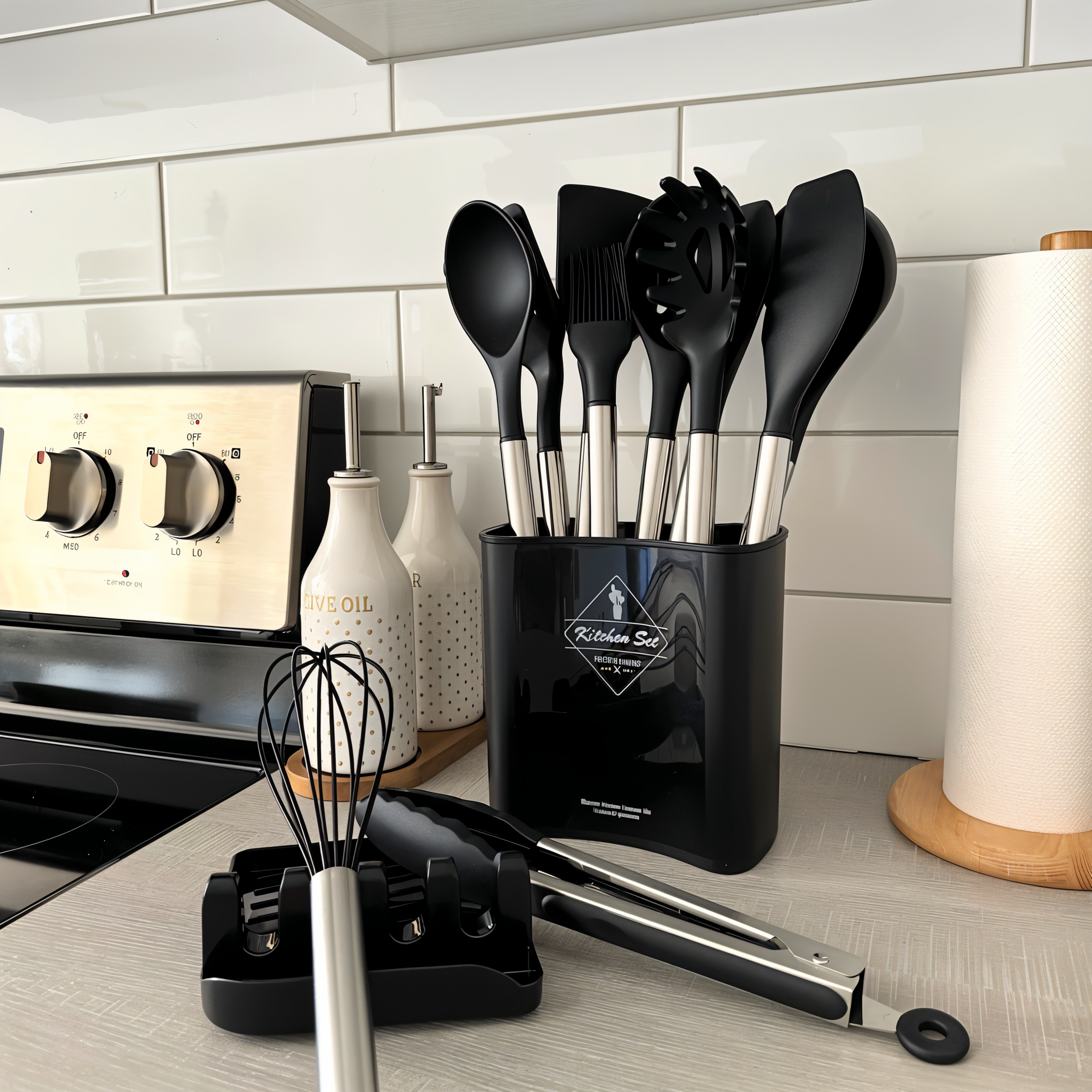 Set d'ustensiles de cuisine silicone 12 pièces résistant à la chaleur manche inox avec support | Restfield