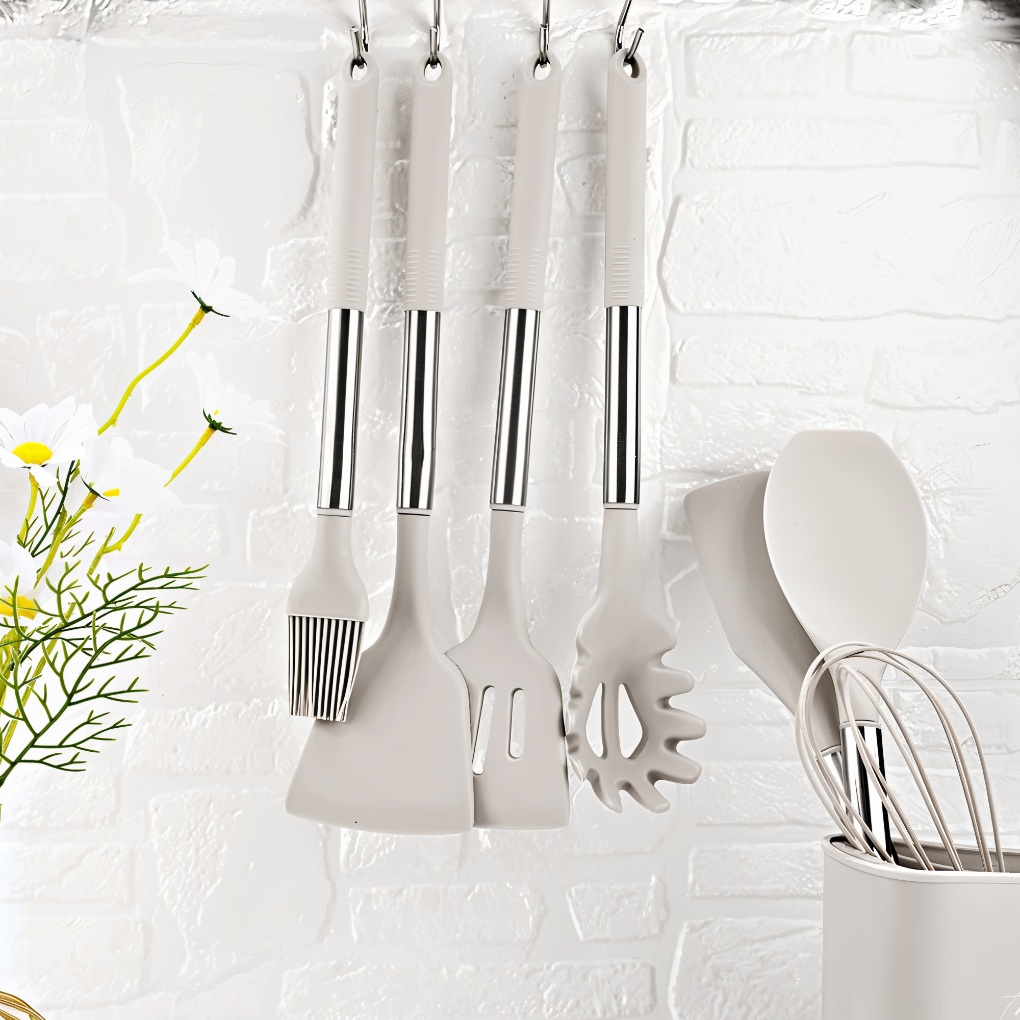 Set d'ustensiles de cuisine silicone 12 pièces résistant à la chaleur manche inox avec support | Restfield