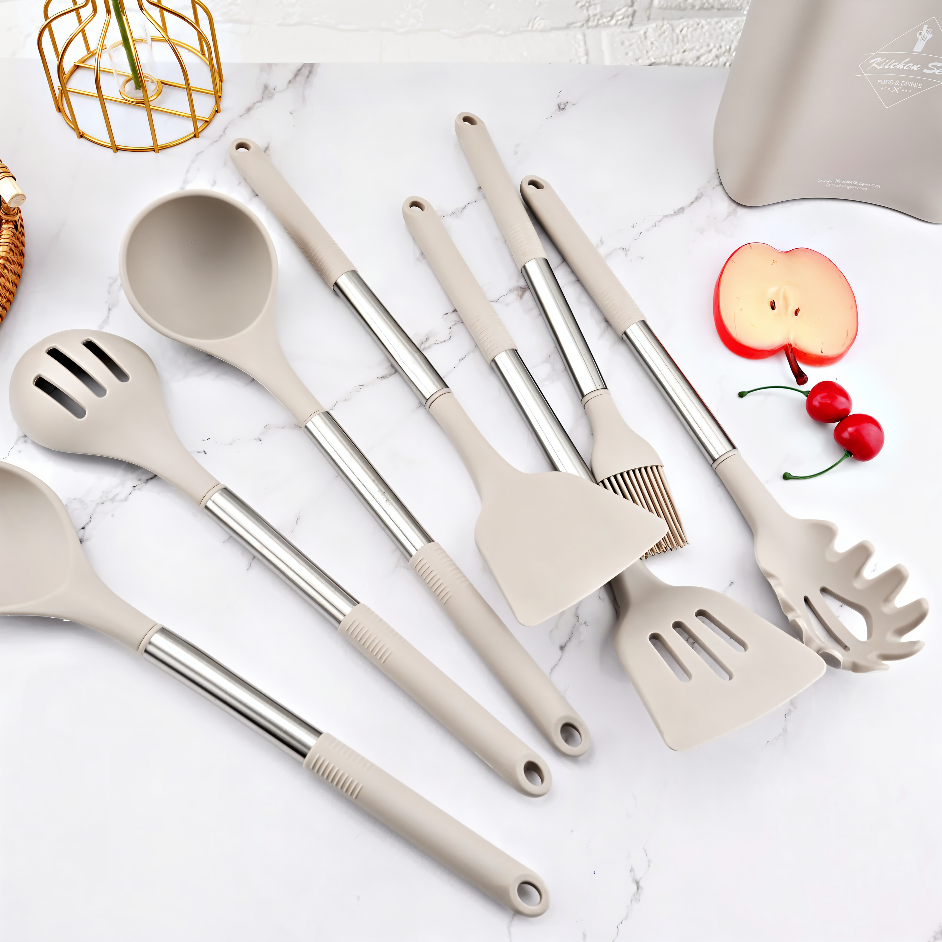 Set d'ustensiles de cuisine silicone 12 pièces résistant à la chaleur manche inox avec support | Restfield