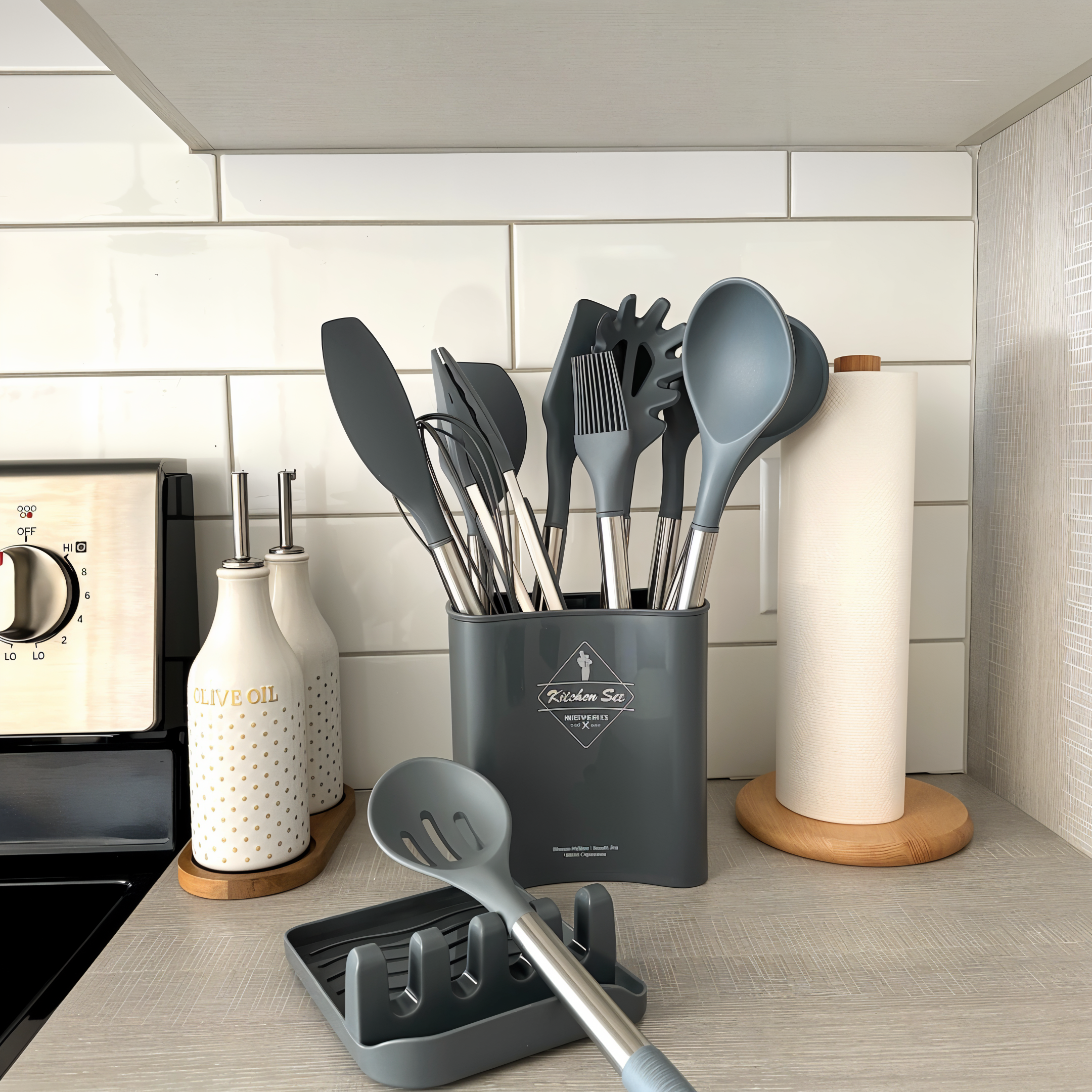 Set d'ustensiles de cuisine silicone 12 pièces résistant à la chaleur manche inox avec support | Restfield