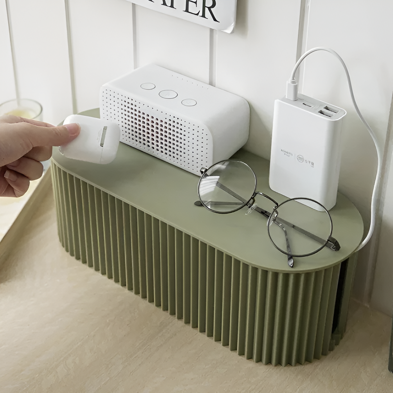Kabel Opbergbox Met Deksel Geribbeld Design Kunststof 33cm Groen Wit Bruin | Sansoti