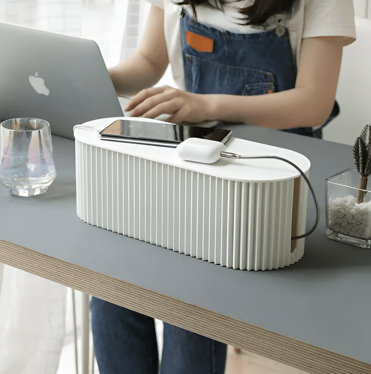 Kabel Opbergbox Met Deksel Geribbeld Design Kunststof 33cm Groen Wit Bruin | Sansoti