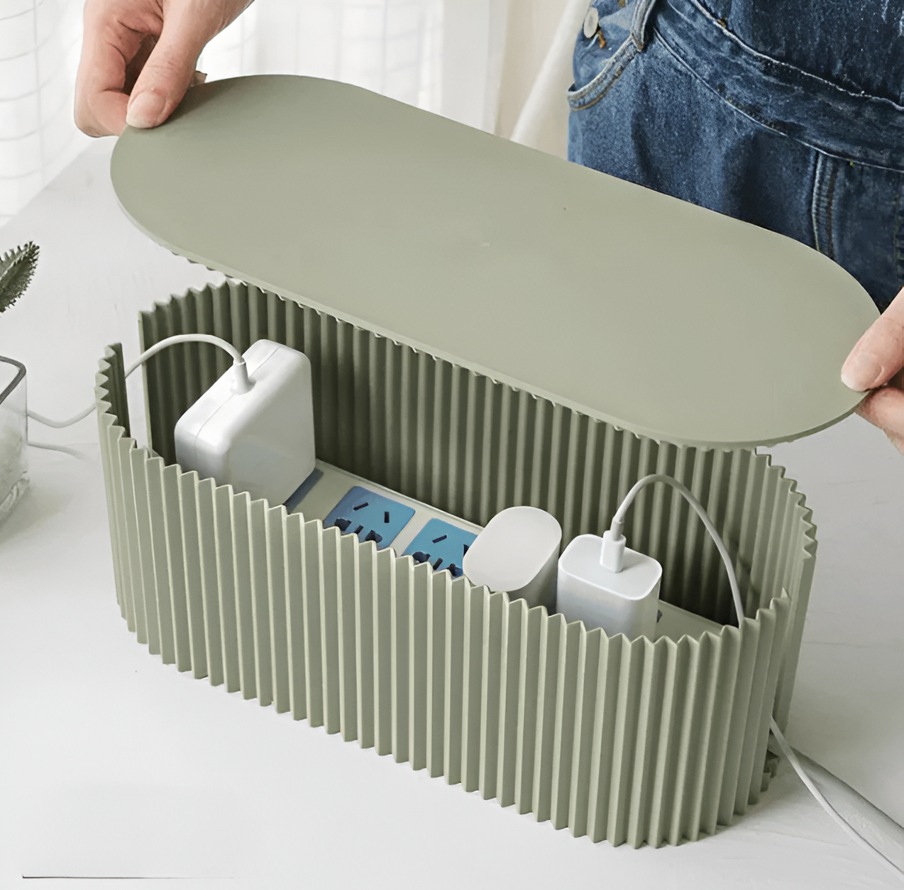 Kabel Opbergbox Met Deksel Geribbeld Design Kunststof 33cm Groen Wit Bruin | Sansoti
