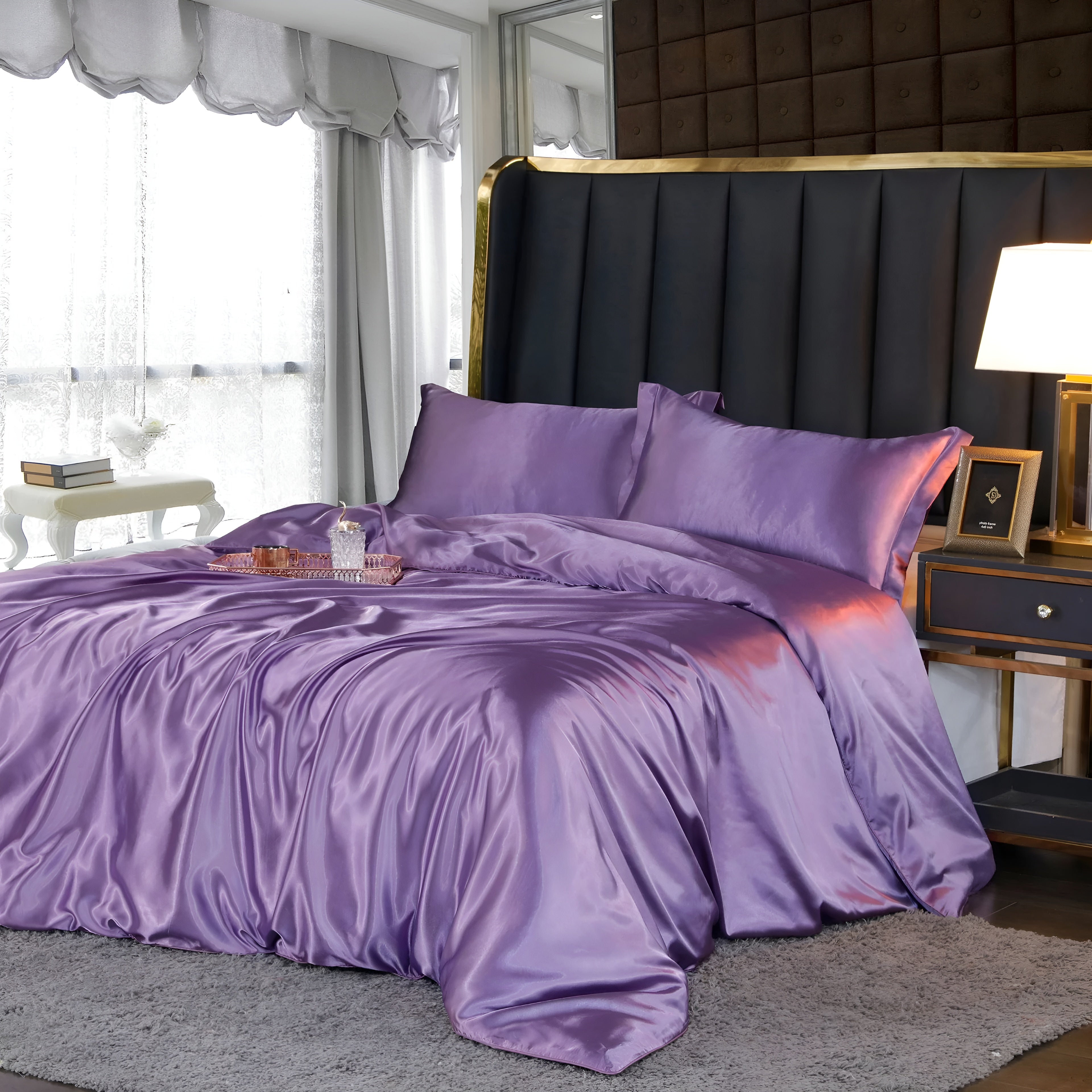 Beddengoedset Zijde 70% Mulberry 180gsm Paars Dekbedovertrek Hoeslaken Kussenslopen Luxe Slaapkamer Satijn Look | Sansoti