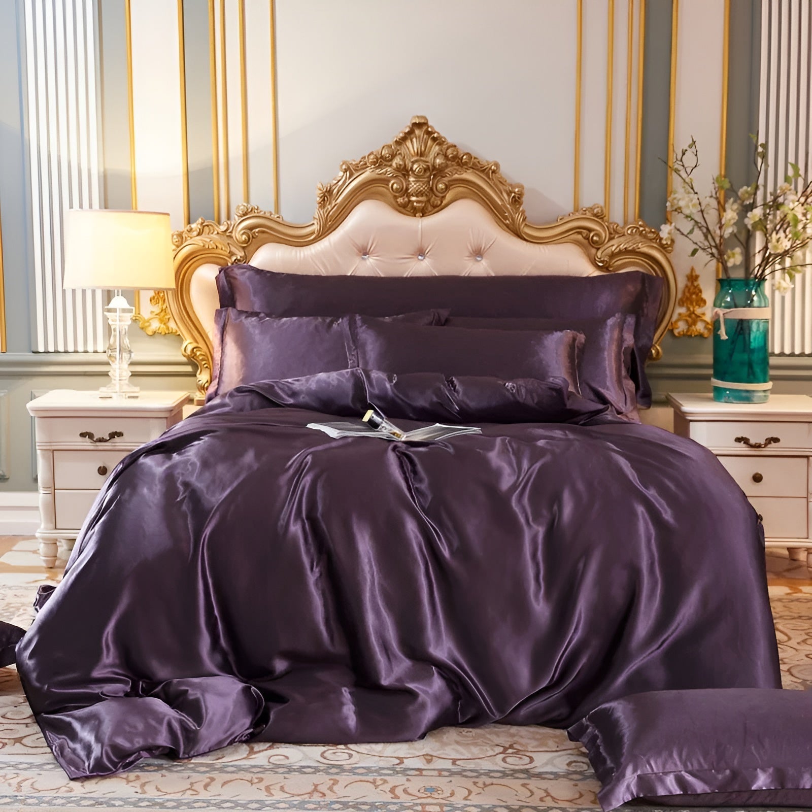 Beddengoedset Zijde 70% Mulberry 180gsm Paars Dekbedovertrek Hoeslaken Kussenslopen Luxe Slaapkamer Satijn Look | Sansoti