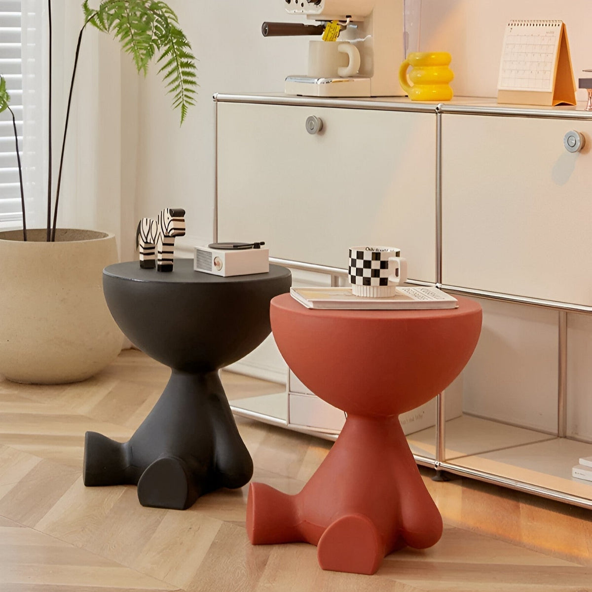 Round Side Table Plastic 37x41cm Compact Coffee Table Living Room Modern Scandinavian Design Black White | Sansoti