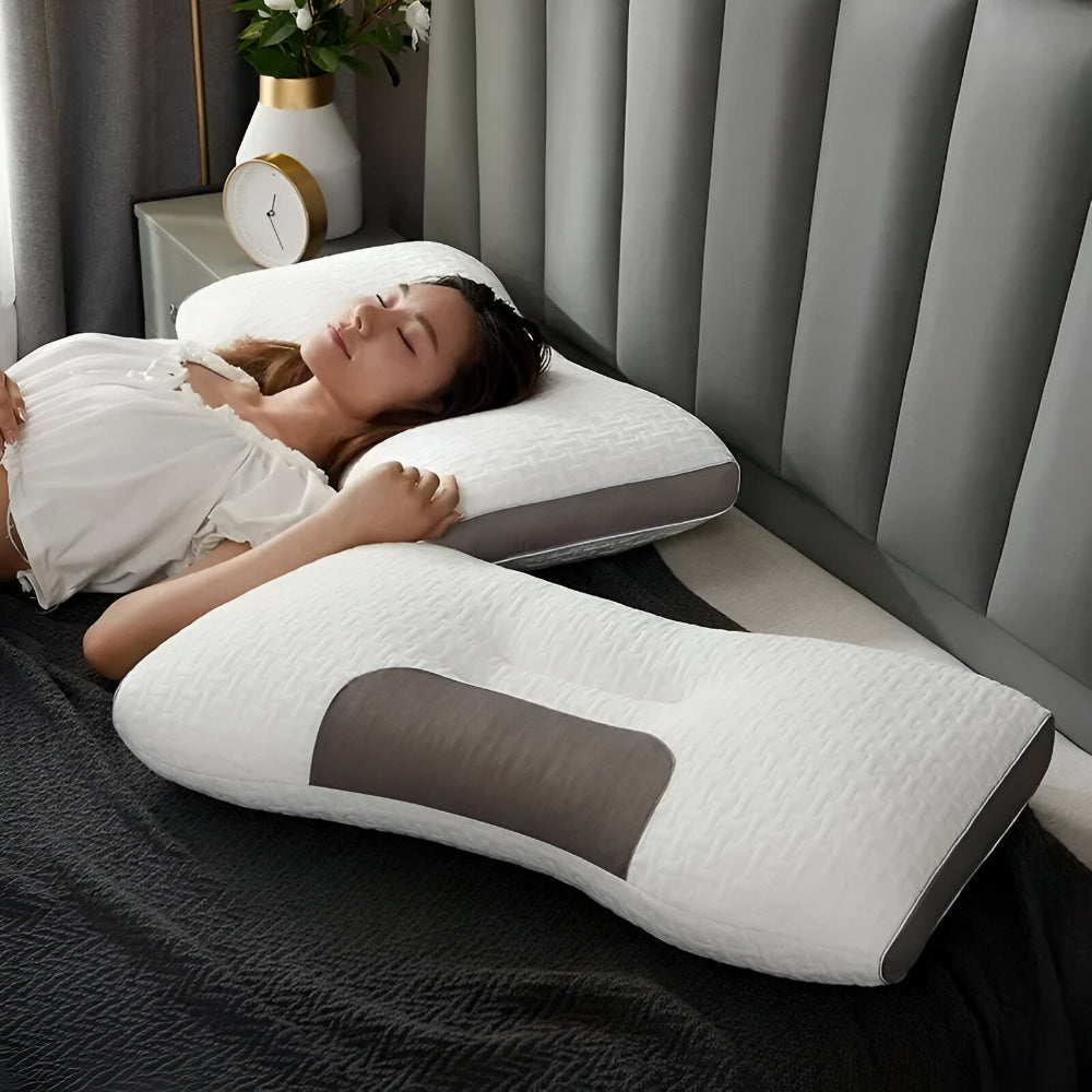 Orthopedisch Nekssteunkussen 48×74cm Ergonomisch Gevormd Memory Foam voor Rug- en Zijslapers Wit-Grijs | Sansoti