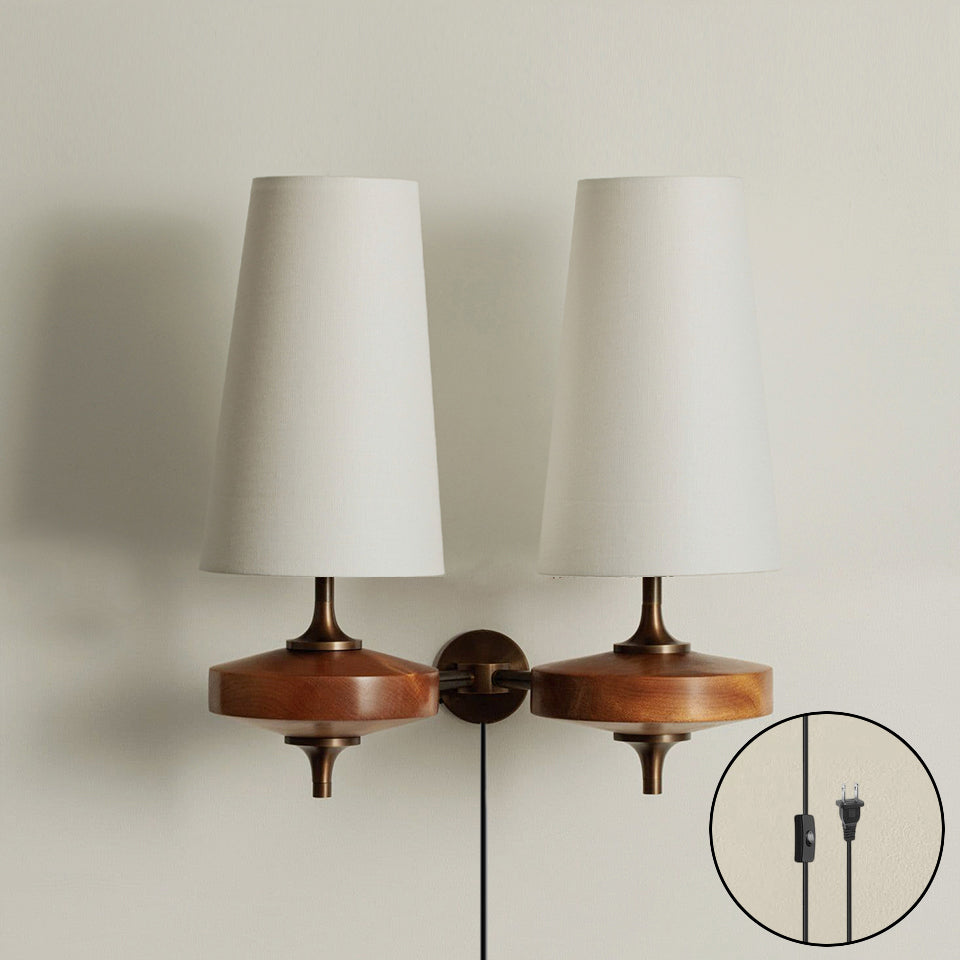 Applique Murale Design avec Prise en Bois et Laiton – Éclairage Naturel avec Abat-jour en Tissu 1 ou 2 Points Lumineux | Restfield