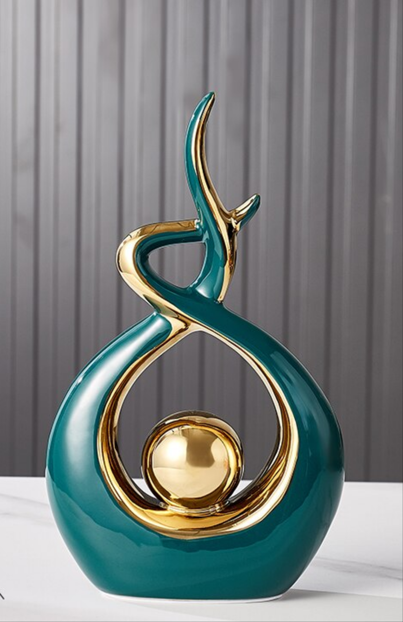Decoratieve Sculptuur Keramiek Goud Groen Abstract 31cm Woonkamer Tafel Beeld Modern Kunstobject Interieur Decoratie | Sansoti