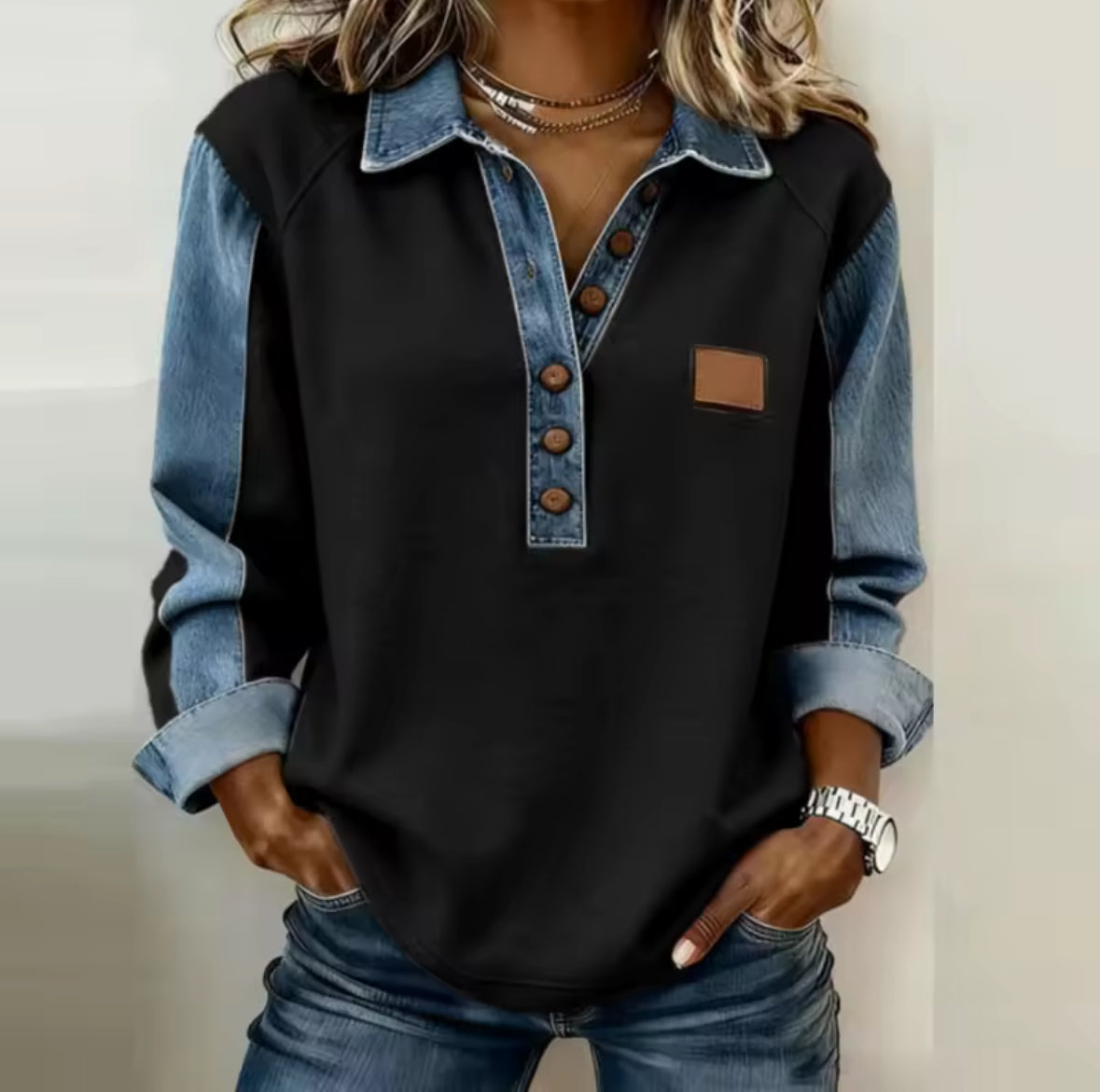 Polo-Sweatshirt mit Denim-Details Grau Schwarz Herren Damen Raglanärmel Halber Knopfverschluss Lässig | Sansoti
