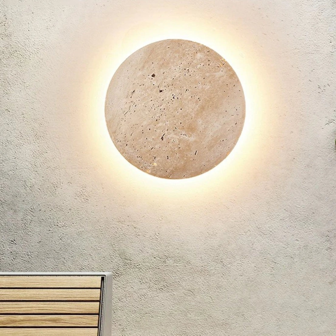 Wall lamp with Natural Stone – Minimalist Lighting in Travertine with Indirect Light Beam for Atmospheric Wall Accentuation | Sansoti