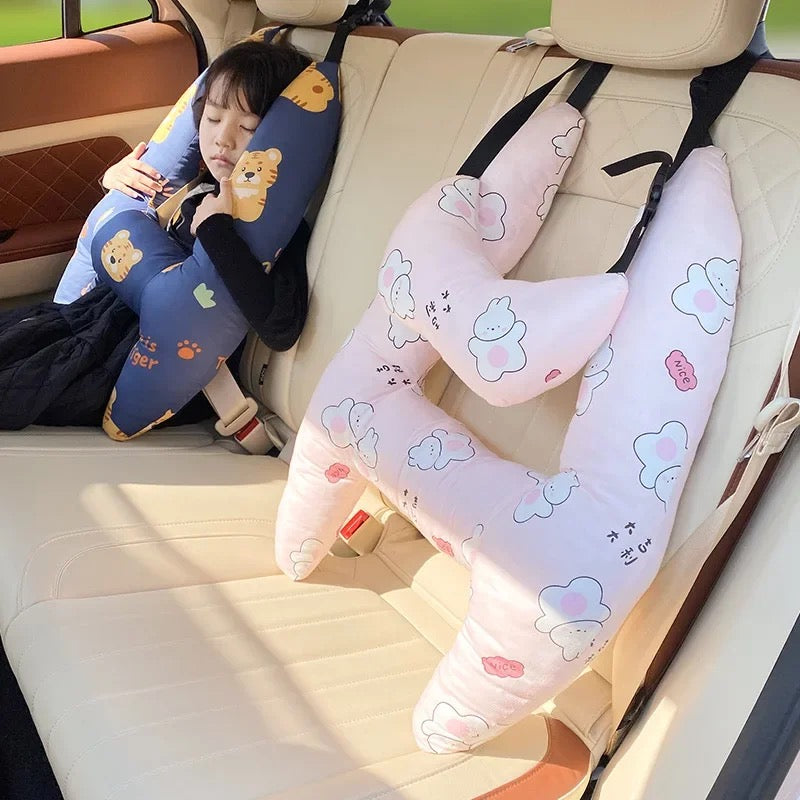 Autokussen Kind Hoofdsteun Katoenmix 67x50cm Beige Reiskussen Auto Neksteun Kinderstoel Lange Rit Comfort Slaapondersteuning | Sansoti