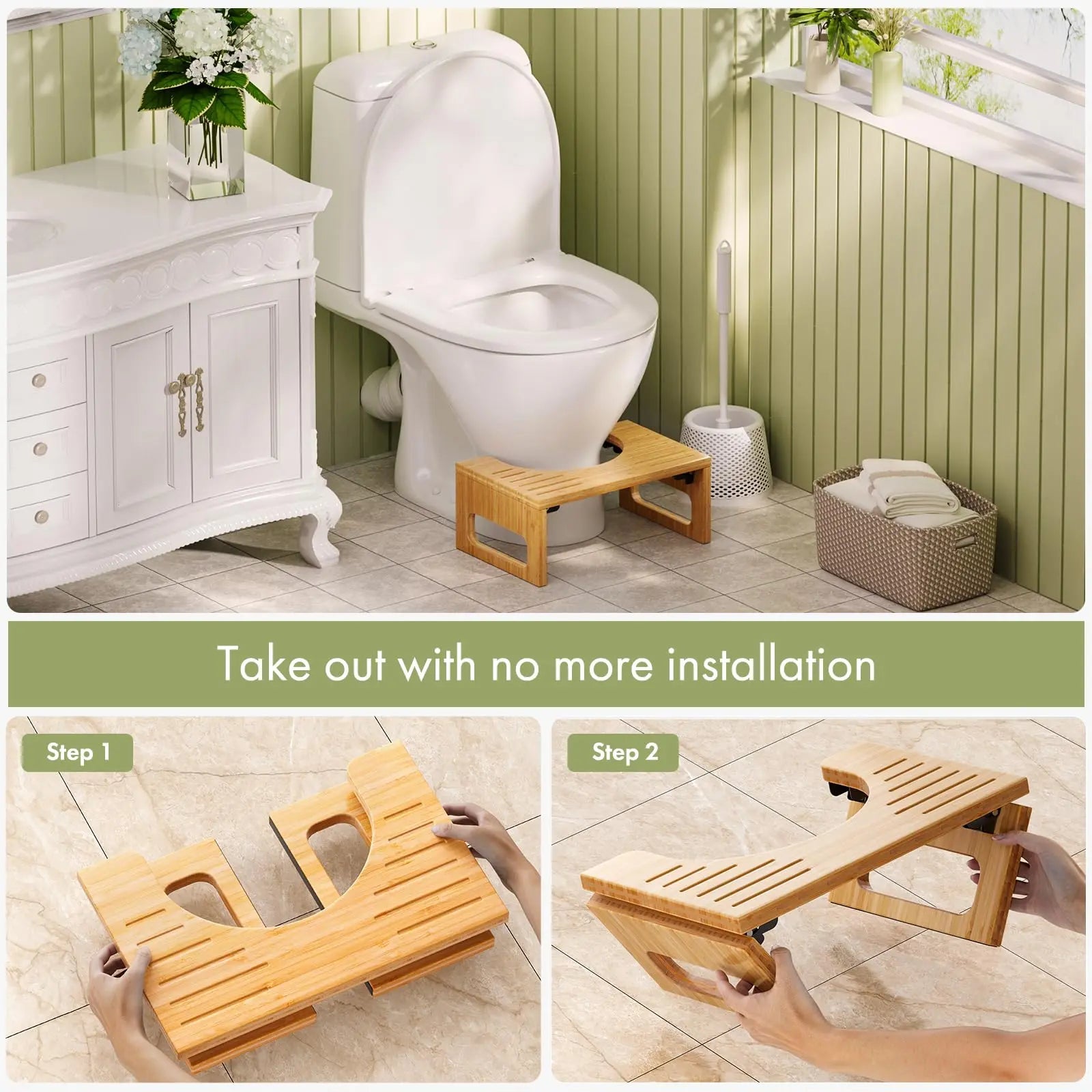 Inklapbare Bamboe Toiletsteun met Antislip Voetjes 41×27×18cm voor Stabiele Houding en Comfort | Sansoti