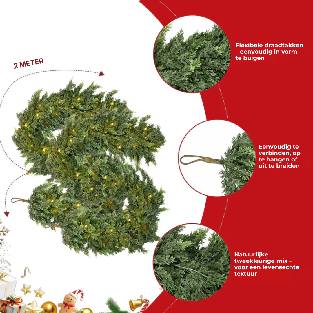 Verlichte Kerstguirlande 200cm Kunstceder Warm Wit LED Feestdecoratie Binnen Buiten Kerstversiering Slinger | Sansoti