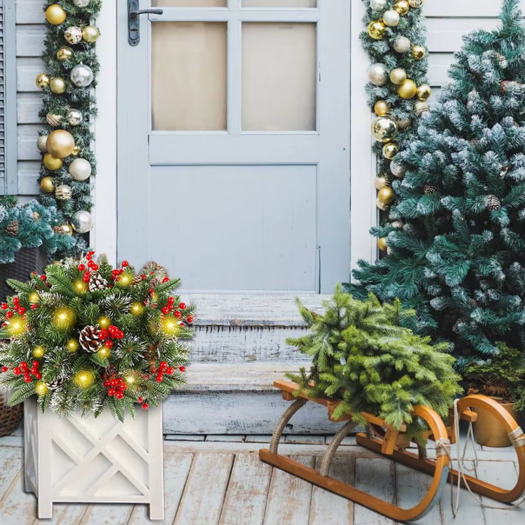 Lit Artificial Christmas Wreath 50cm with 50 Warm White LED Lights Battery Timer for Indoor and Outdoor Christmas Decoration | Sansoti