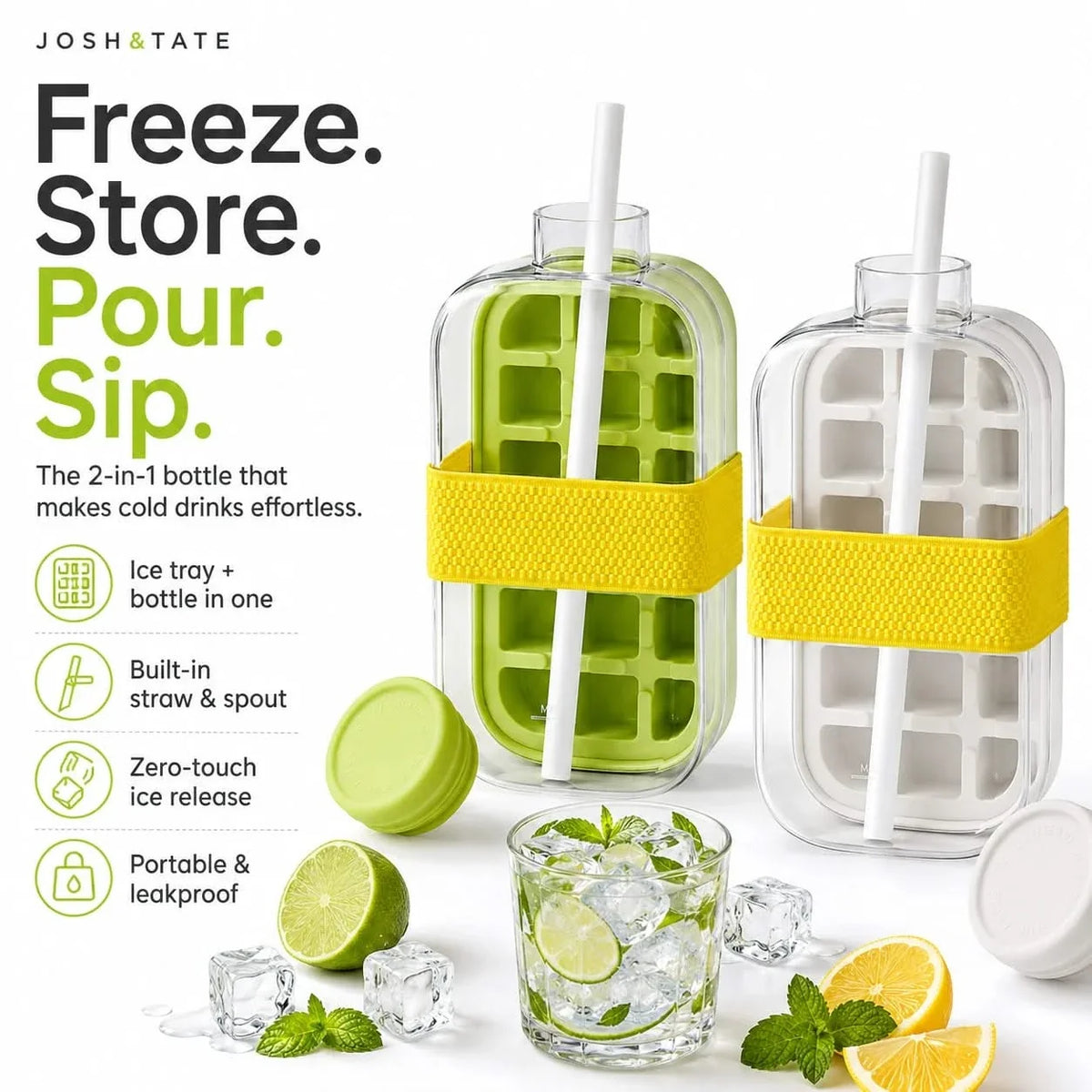 Bac à glaçons avec gourde 2-en-1, moule à congeler et bouteille d’eau 500ml 800ml étanche en silicone sans BPA réutilisable | Sansoti