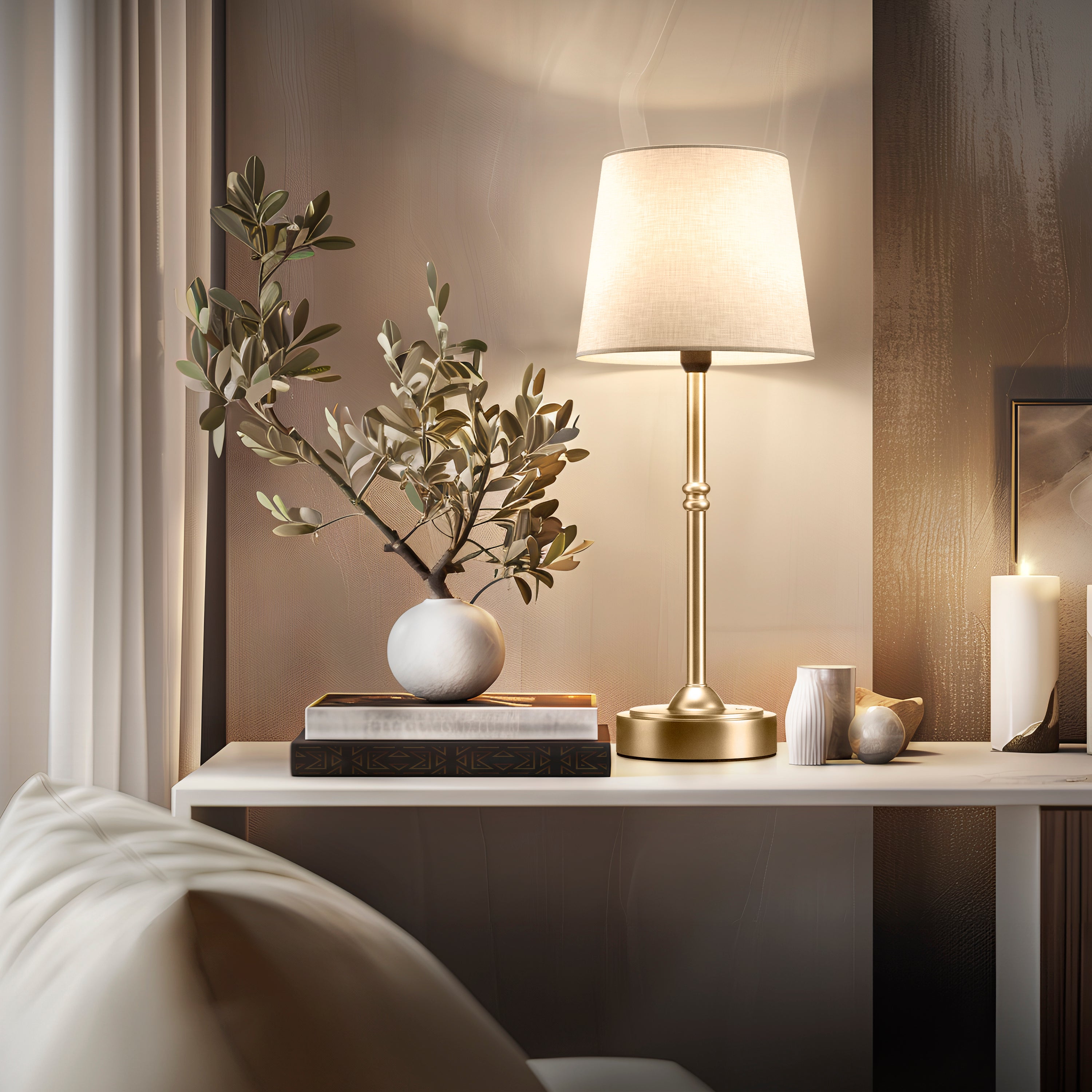 Tafellamp Oplaadbaar Draadloos Goud Wit Kap 40cm USB-C Touch Dimbaar Slaapkamer Woonkamer | Sansoti