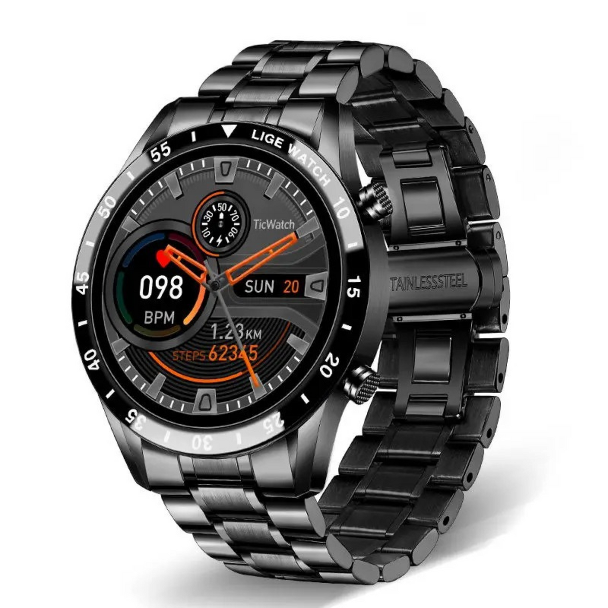 Montre connectée multifonction avec écran rond, cardiofréquencemètre, podomètre et suivi d’activité Bluetooth, noire et argentée | Sansoti