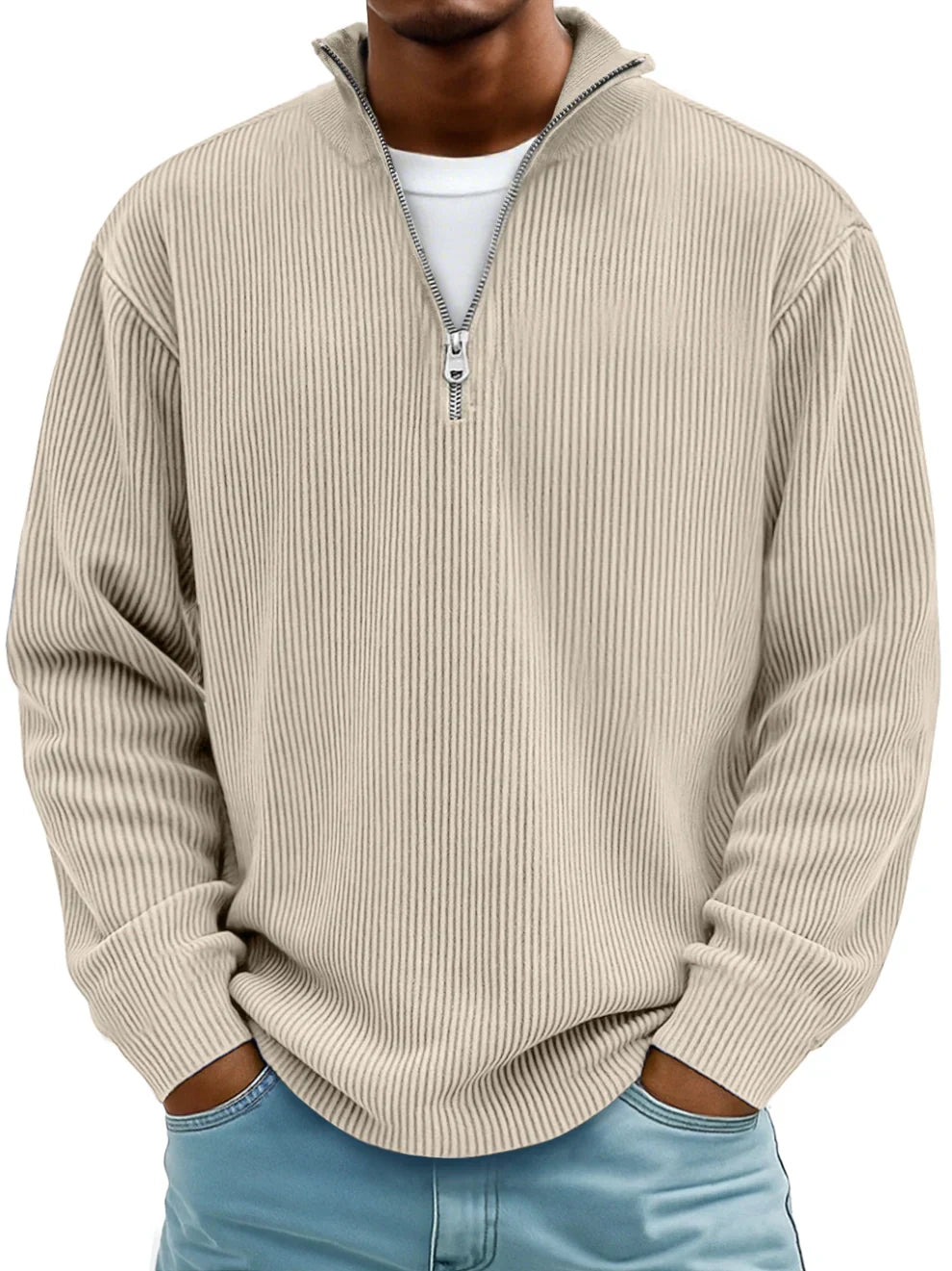 Gestrickter Herrenpullover mit halbem Reißverschluss, Stehkragen und Rippstruktur, lässiger Winterpullover, bequem und warm gestrickt | Sansoti
