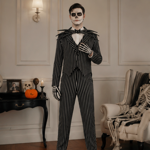 Striped Skeleton Costume with Mask Black-White Halloween Costume Carnival Party Dress-Up Clothing for Children | Sansoti
