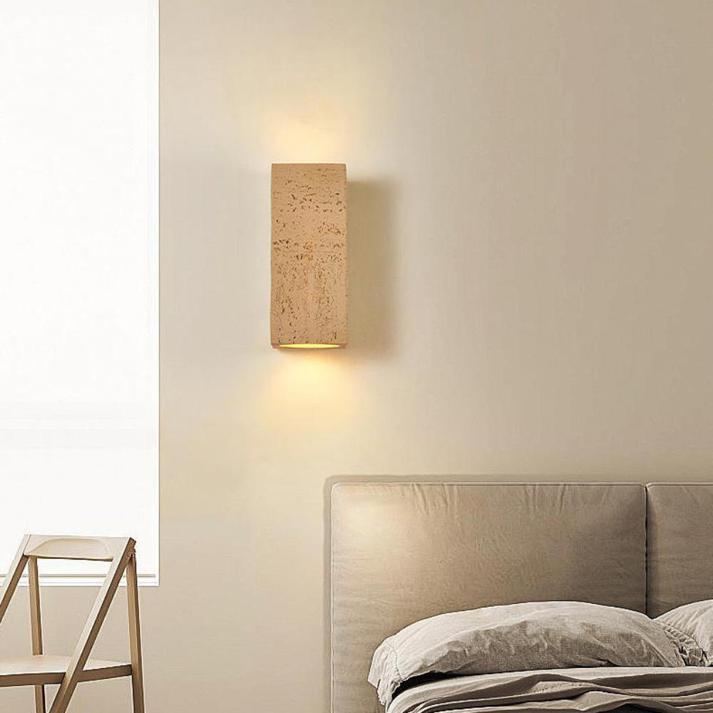 15:24 Japandi Wandlamp Travertijn Look Cement Rechthoek Warm Licht Woonkamer Slaapkamer | Sansoti