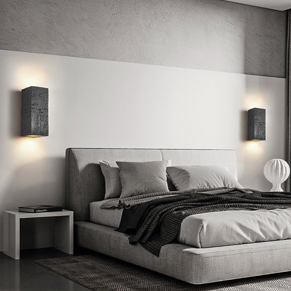 15:24 Japandi Wandlamp Travertijn Look Cement Rechthoek Warm Licht Woonkamer Slaapkamer | Sansoti