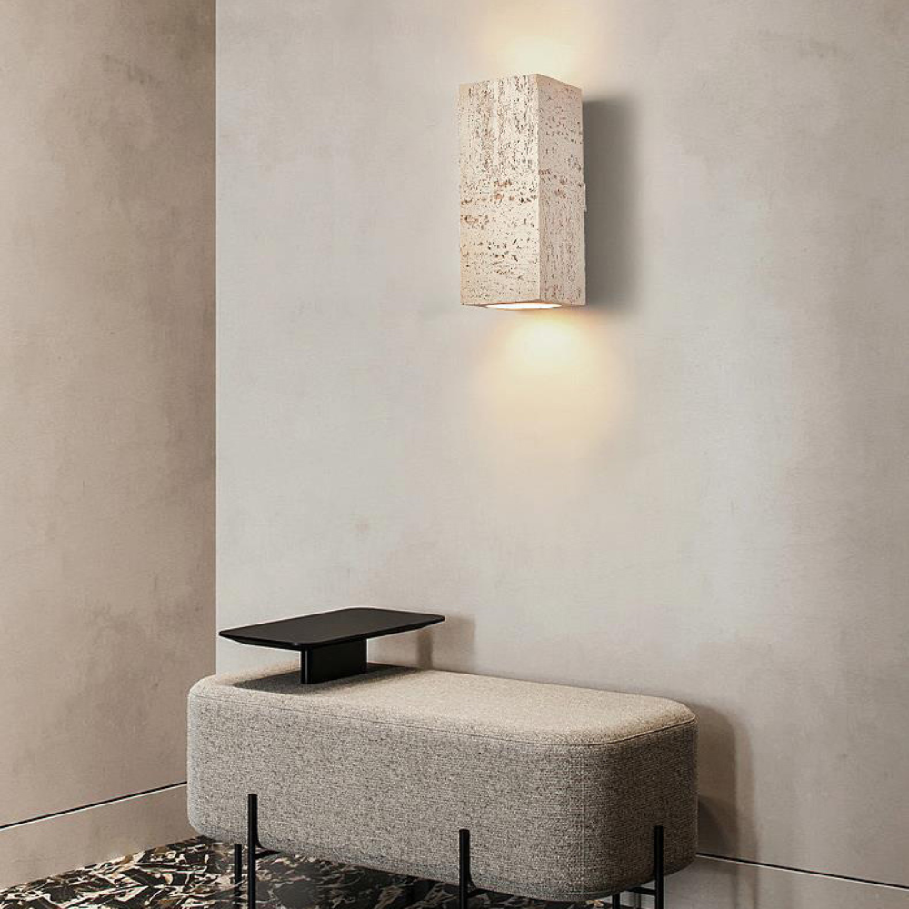 15:24 Japandi Wandlamp Travertijn Look Cement Rechthoek Warm Licht Woonkamer Slaapkamer | Sansoti