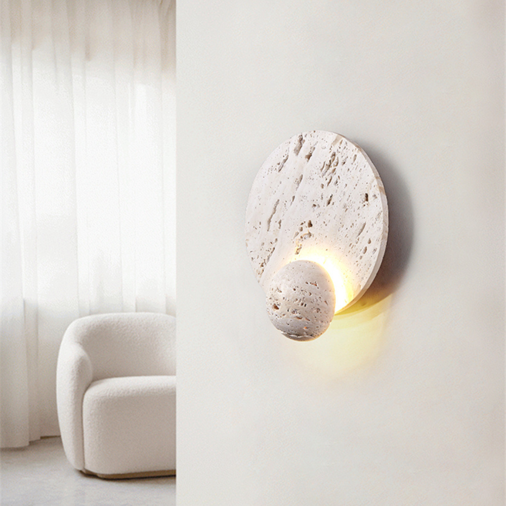 Japandi Wandlamp Travertijn Rond Eclipse Bol Warm Licht Slaapkamer Woonkamer Natuursteen | Sansoti