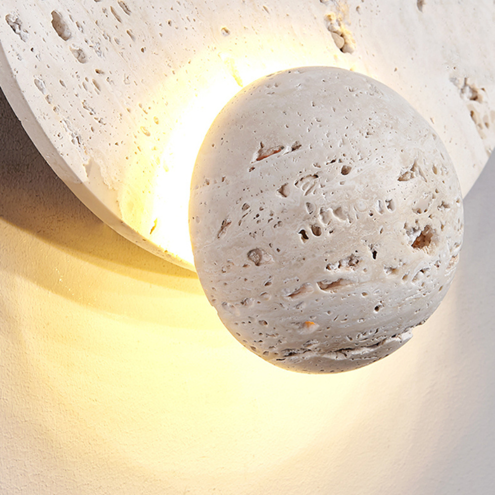Japandi Wandlamp Travertijn Rond Eclipse Bol Warm Licht Slaapkamer Woonkamer Natuursteen | Sansoti