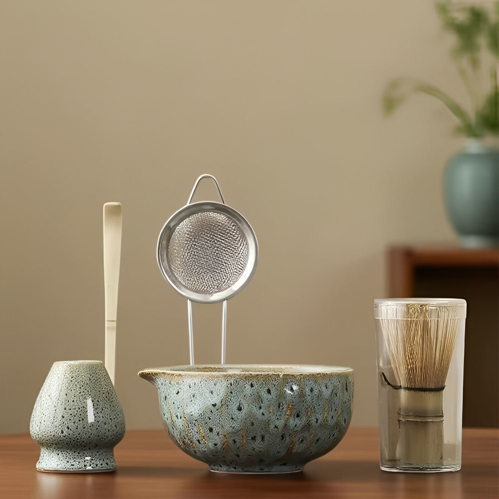 Japanisches Matcha-Tee-Set, 5-teilig, aus Keramik und Bambus, Chawan, Chasen, Chashaku und Sieb, traditionelles Zeremonie-Ritual | Sansoti
