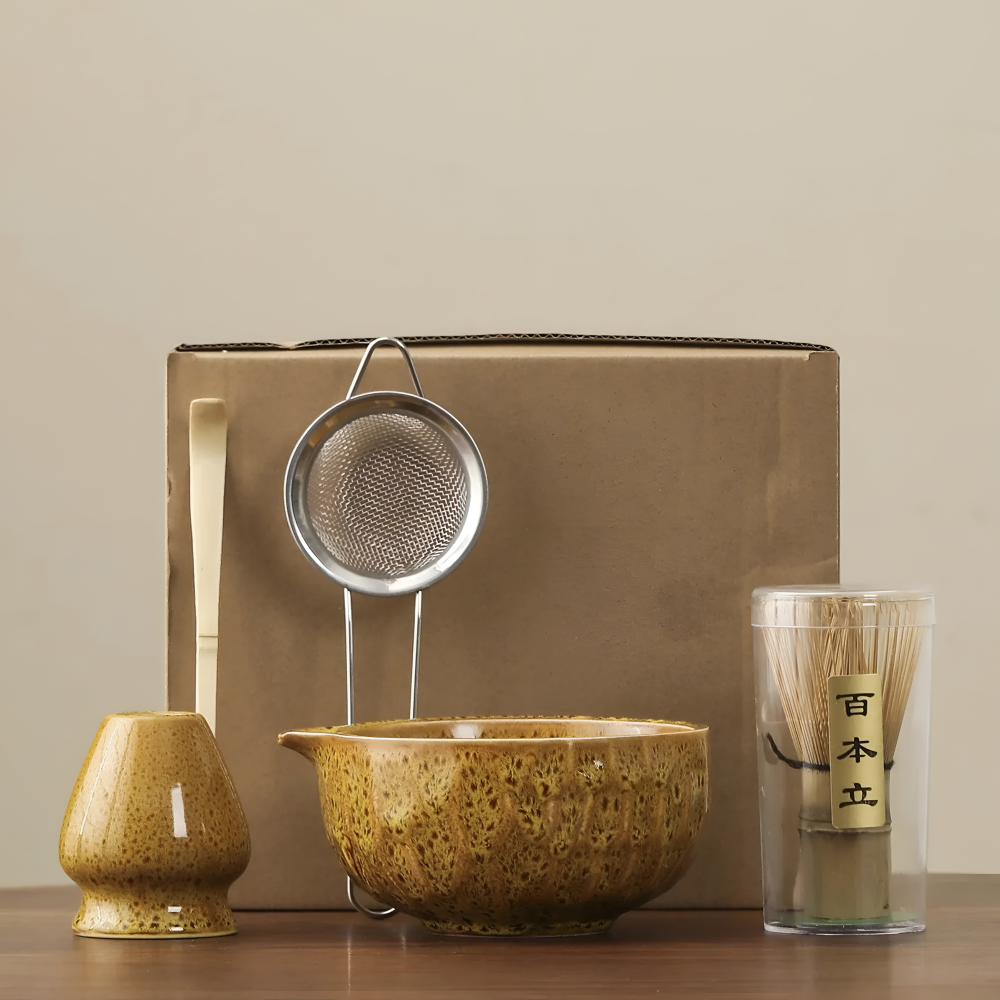 Japanisches Matcha-Tee-Set, 5-teilig, aus Keramik und Bambus, Chawan, Chasen, Chashaku und Sieb, traditionelles Zeremonie-Ritual | Sansoti