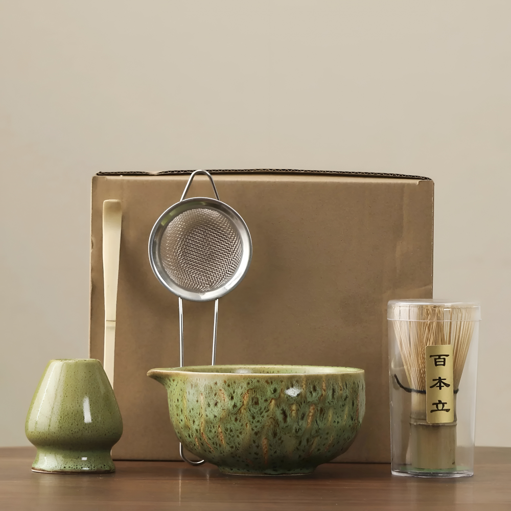 Japanisches Matcha-Tee-Set, 5-teilig, aus Keramik und Bambus, Chawan, Chasen, Chashaku und Sieb, traditionelles Zeremonie-Ritual | Sansoti