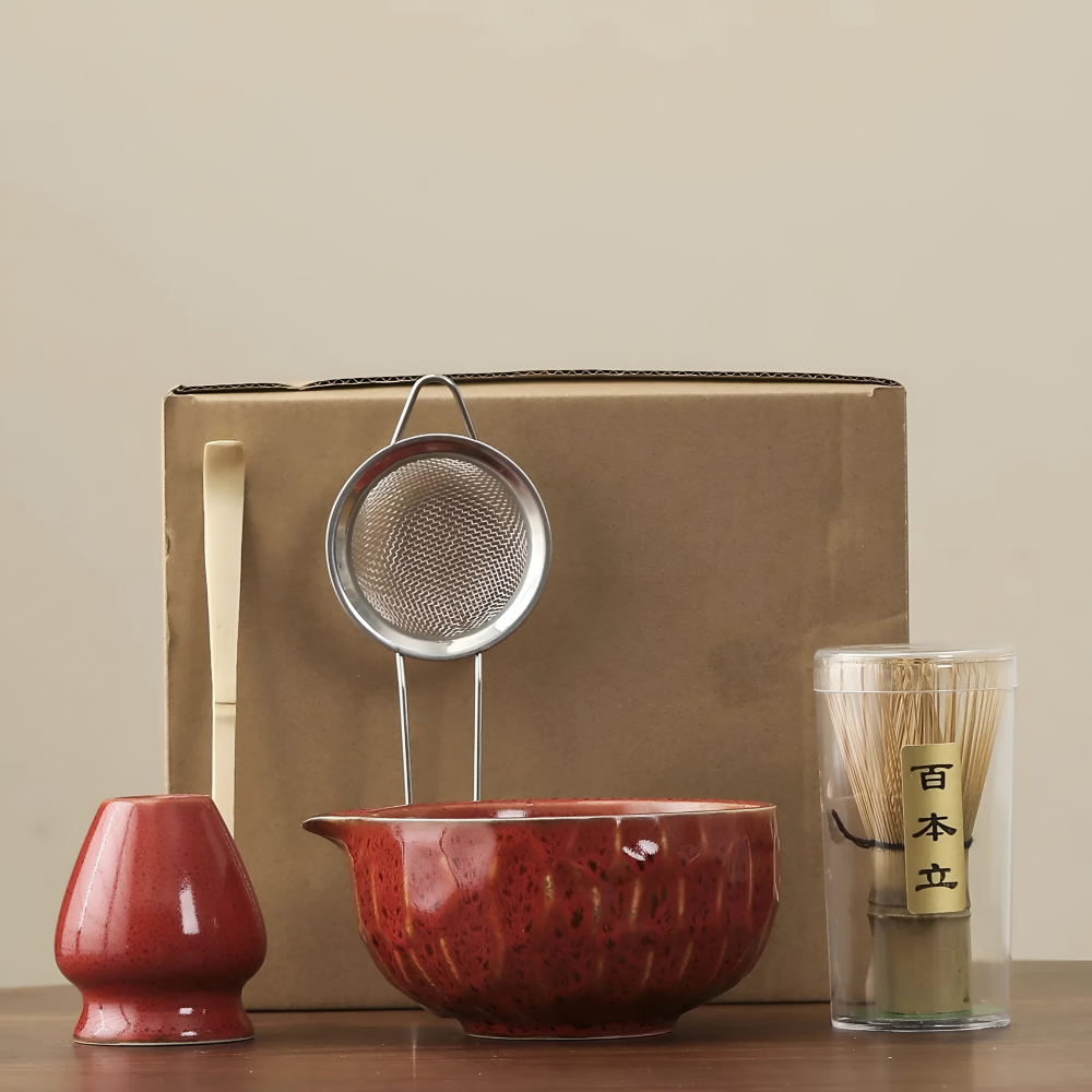 Japanisches Matcha-Tee-Set, 5-teilig, aus Keramik und Bambus, Chawan, Chasen, Chashaku und Sieb, traditionelles Zeremonie-Ritual | Sansoti