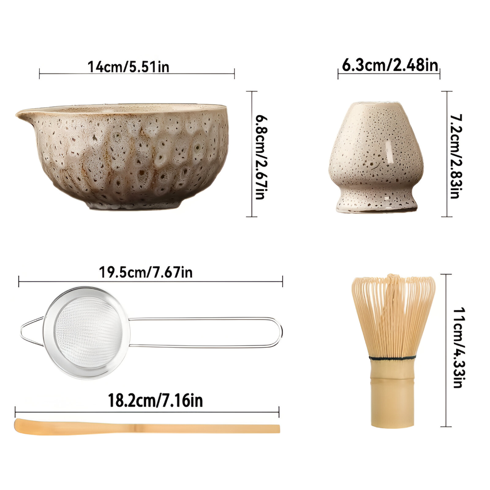 Japanisches Matcha-Tee-Set, 5-teilig, aus Keramik und Bambus, Chawan, Chasen, Chashaku und Sieb, traditionelles Zeremonie-Ritual | Sansoti