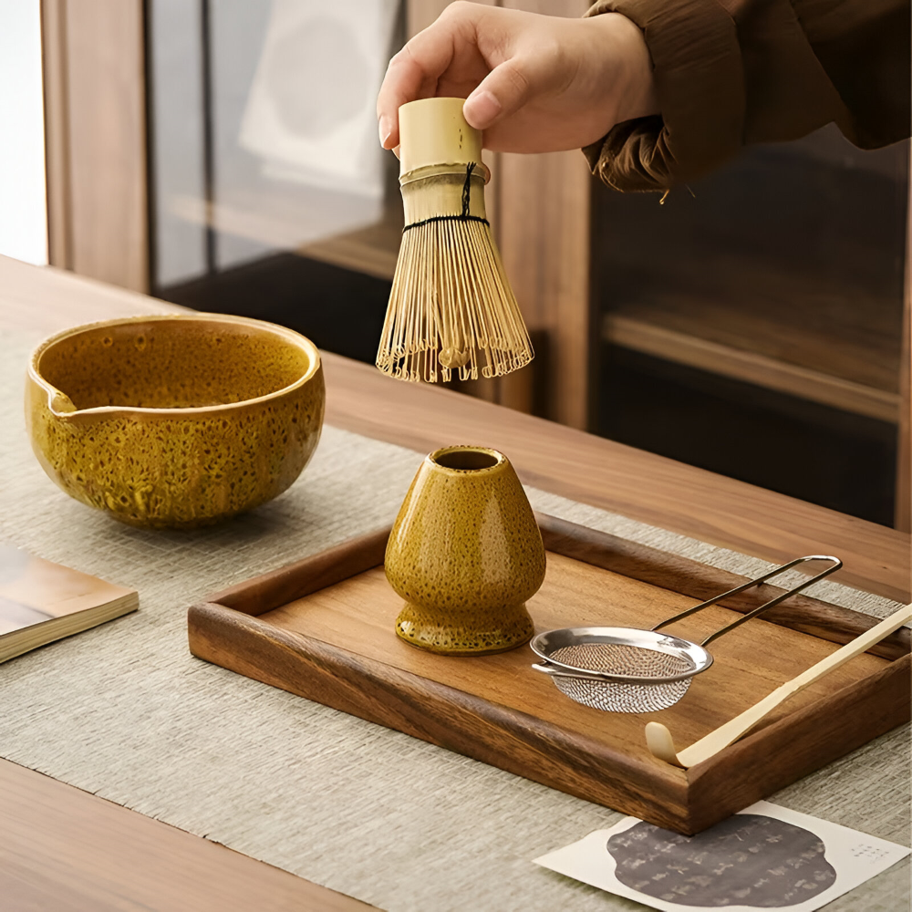 Japanisches Matcha-Tee-Set, 5-teilig, aus Keramik und Bambus, Chawan, Chasen, Chashaku und Sieb, traditionelles Zeremonie-Ritual | Sansoti