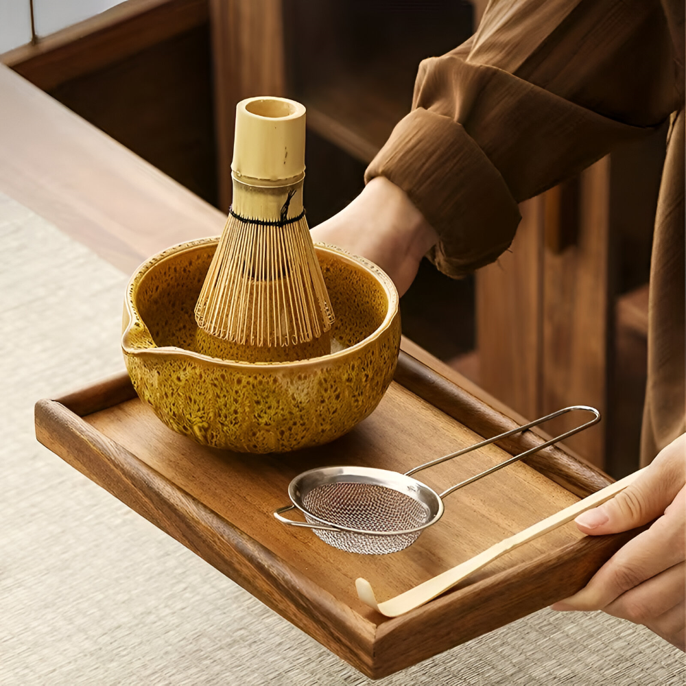 Japanisches Matcha-Tee-Set, 5-teilig, aus Keramik und Bambus, Chawan, Chasen, Chashaku und Sieb, traditionelles Zeremonie-Ritual | Sansoti