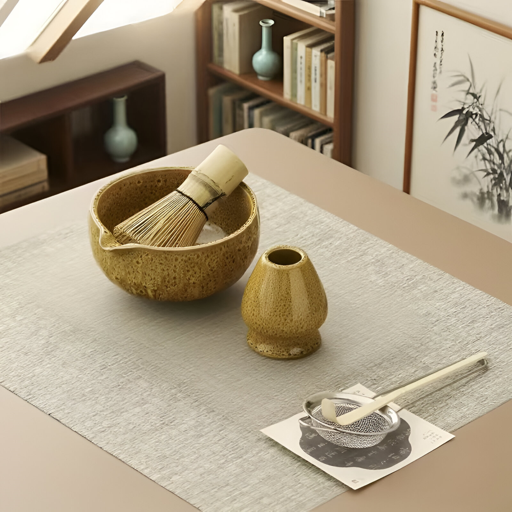 Japanisches Matcha-Tee-Set, 5-teilig, aus Keramik und Bambus, Chawan, Chasen, Chashaku und Sieb, traditionelles Zeremonie-Ritual | Sansoti
