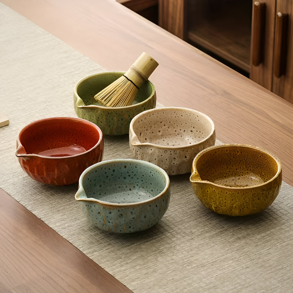 Japanisches Matcha-Tee-Set, 5-teilig, aus Keramik und Bambus, Chawan, Chasen, Chashaku und Sieb, traditionelles Zeremonie-Ritual | Sansoti