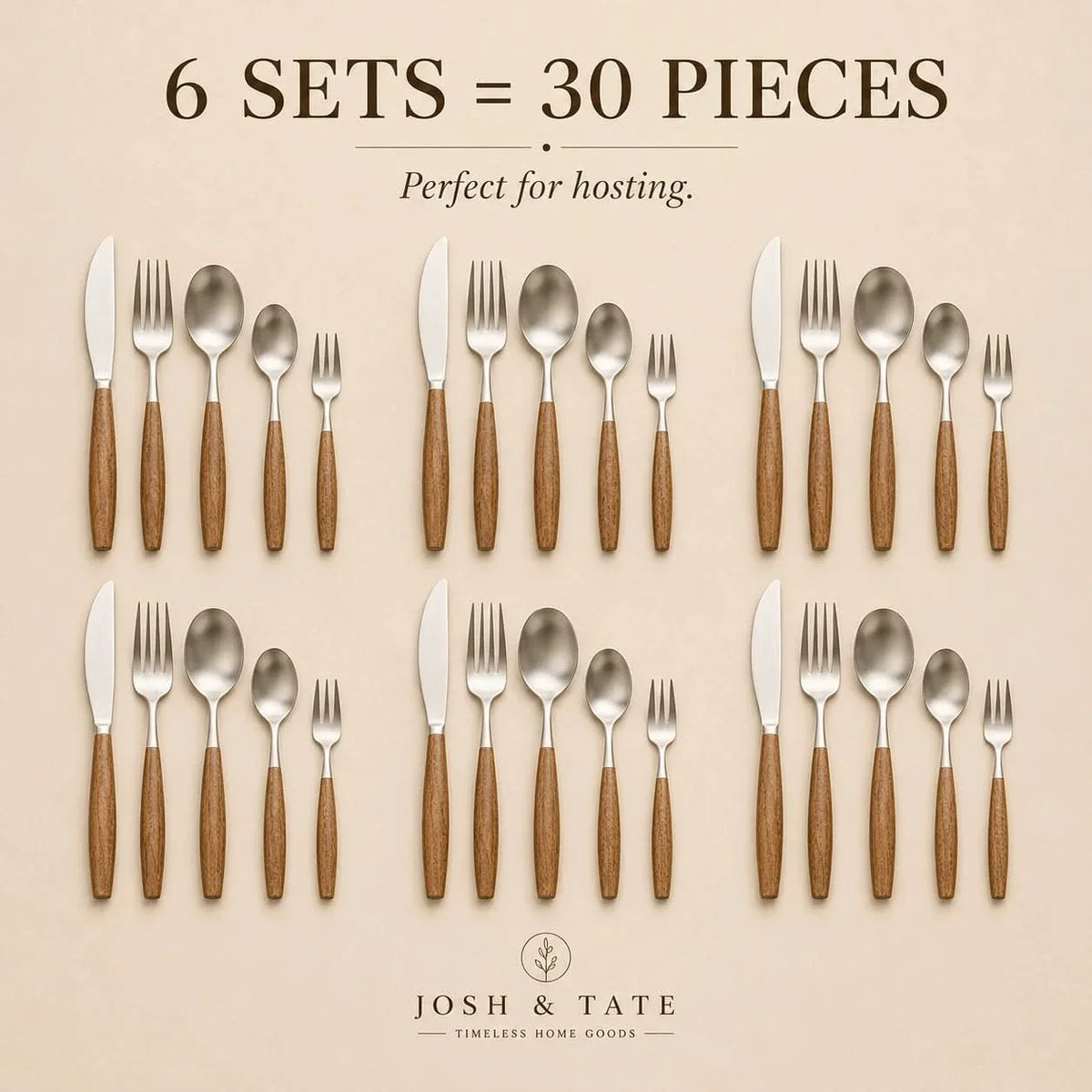Besteckset aus Edelstahl mit Holzgriffen - 5- bis 30-teiliges Tafelbesteck - minimalistisches japanisches Design | Sansoti