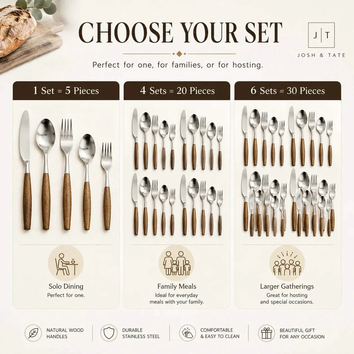 Besteckset aus Edelstahl mit Holzgriffen - 5- bis 30-teiliges Tafelbesteck - minimalistisches japanisches Design | Sansoti